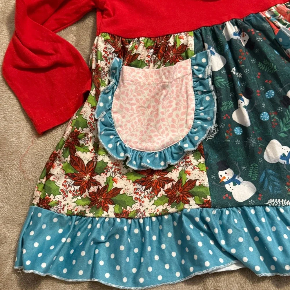 Kids Christmas Patchwork Tunic & Bell Bottom Pants Set Snowman Poinsettia 4T